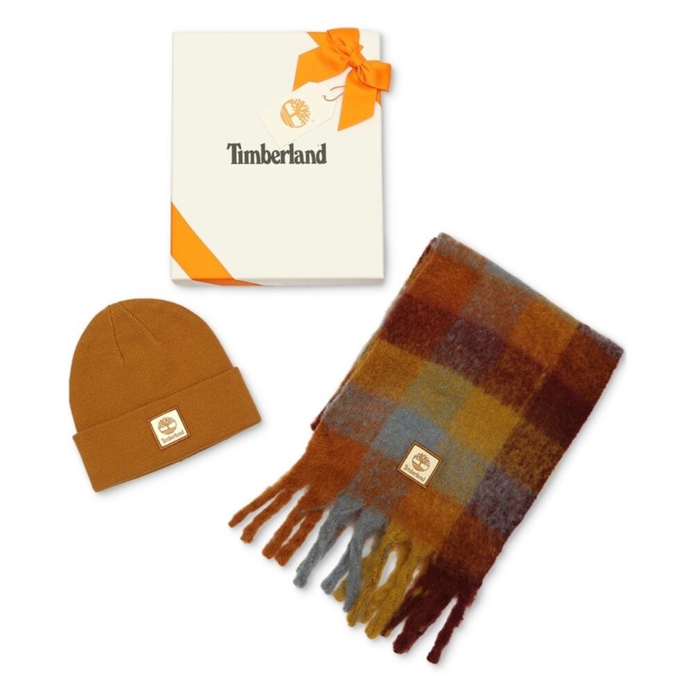 New Timberland Plaid Fringe Scarf with Mustard Brown Beanie